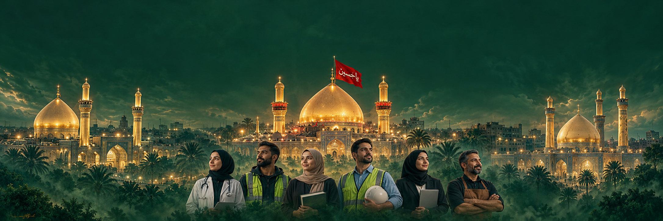 An artistic panorama of three golden shrines, a red flag above the central dome, and community professionals