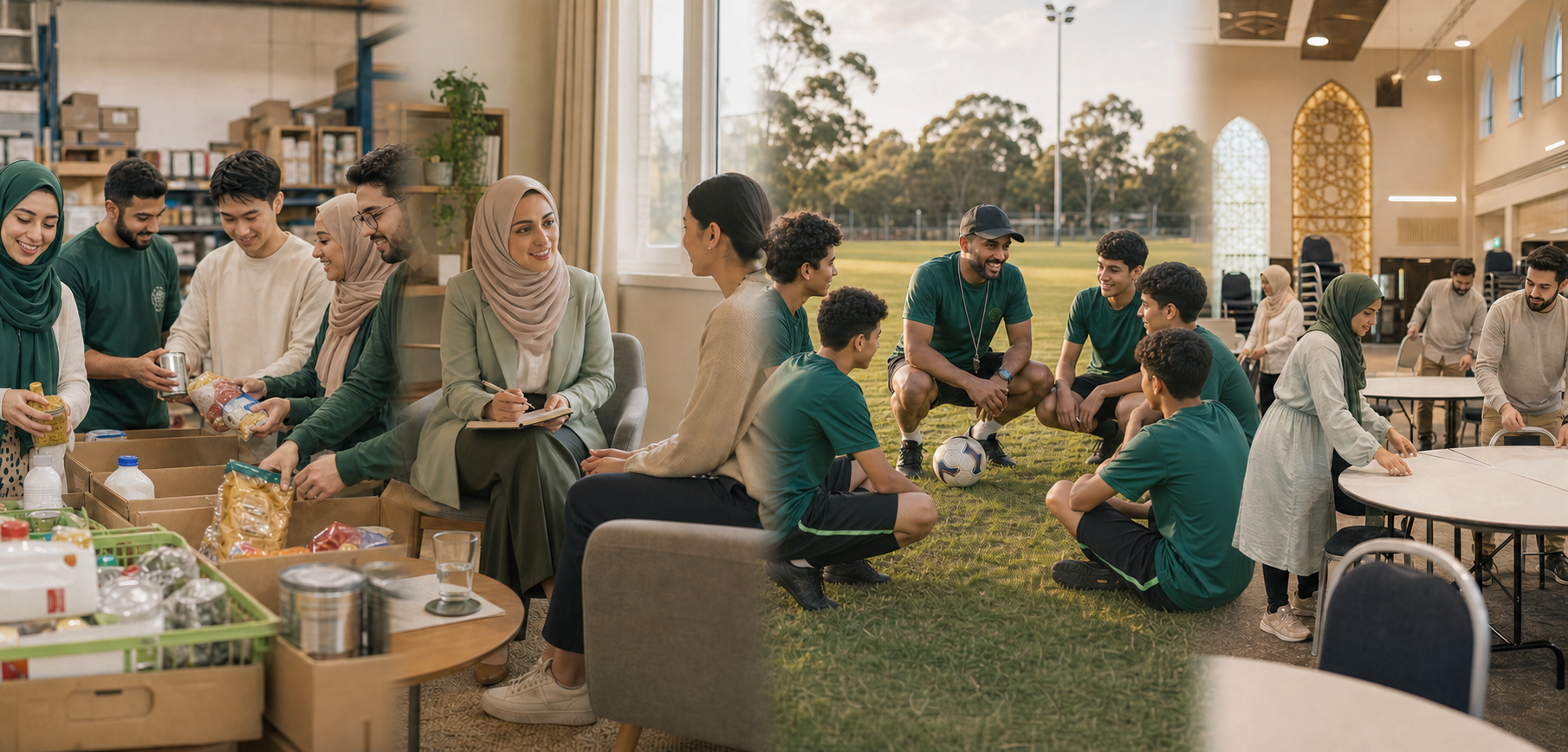 Charity volunteers, counselling, youth sport and community event preparation